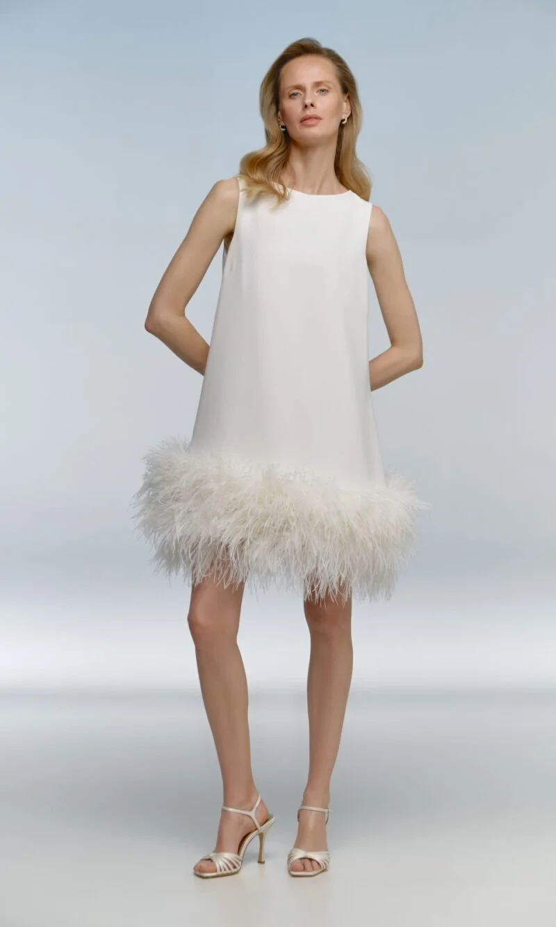 Feather-trimmed suit fabric dress, short and chic with a boat neckline