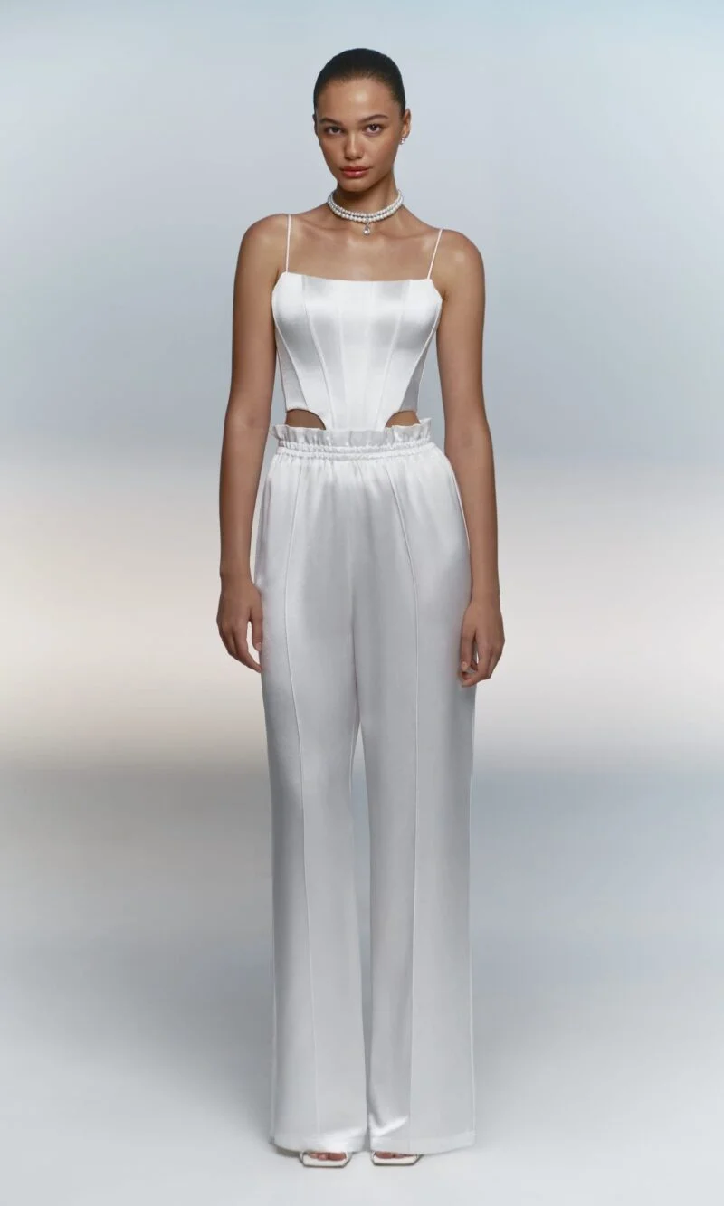 Satin look with boned bodice corset and wide-leg pants
