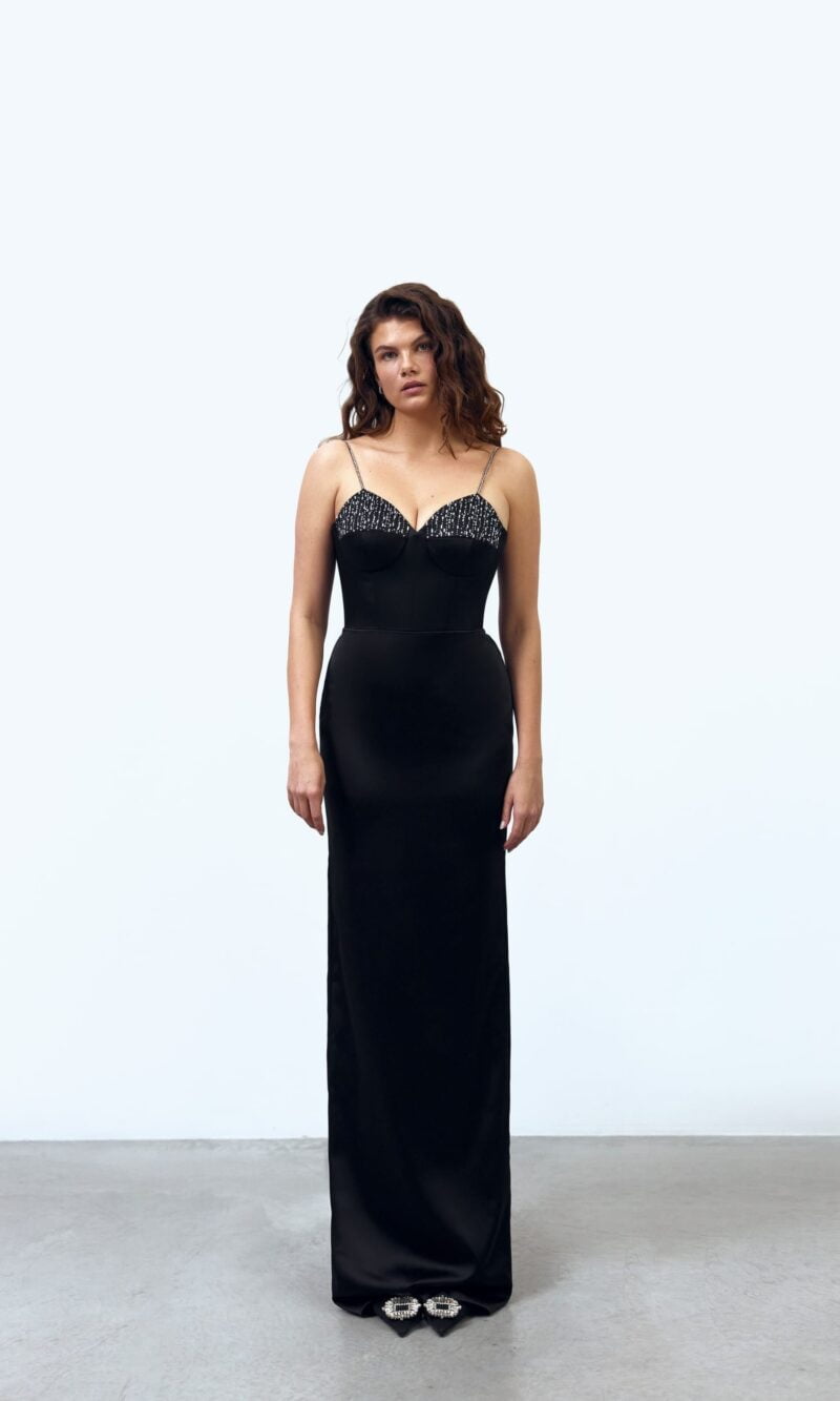 Chic fit-and-flare dress in glossy satin with a sweetheart neckline, crystal-adorned corset (Black)